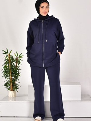 Lacivert Scuba Kumaş Cepli Ve Fermuarlı İkili Takım
