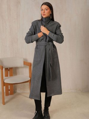 Antrasit Kuşaklı Kaşe Kaban