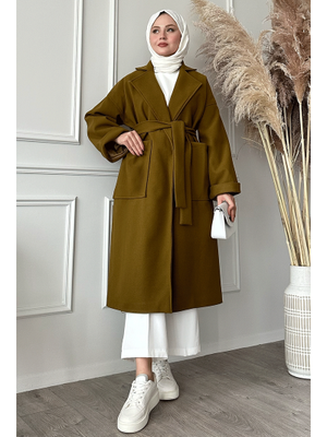 Kruvaze Geniş Kol Yağ Yeşili Kaşe Kaban