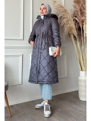 Gri Beli Büzgülü Kapitone Mont