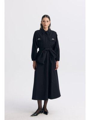 Siyah Sara Cep Detay Kuşaklı Etek Takım