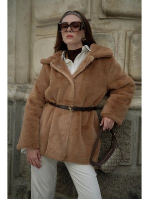 Kahve Destini Kuşaklı Peluş Ceket