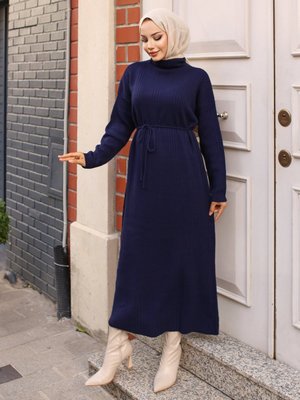 Lacivert Fitilli Boydan Elbise