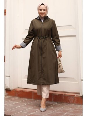 Haki Fermuarlı Astarı Çizgili Trençkot