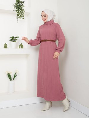 Pudra Kemerli Balıkçı Yaka Elbise Pudra Kemerli Balıkçı Yaka Elbise