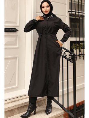 Siyah Mevsimlik Beli Lastikli Trençkot