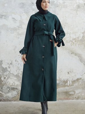 Blair Yakalı Kuşaklı Kaşe Kaban Zümrüt Yeşili