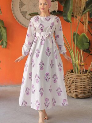 Lila Keten Desenli Kemerli Elbise Lila Keten Desenli Kemerli Elbise