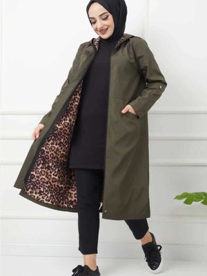 Leopar Desenli Trençkot Haki