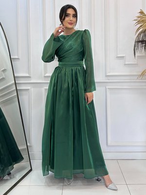 Zümrüt Yeşili Flowers Abiye Elbise