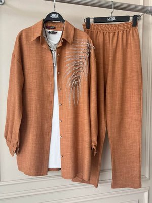 Kadın Gömlek Yaka Keten Takım