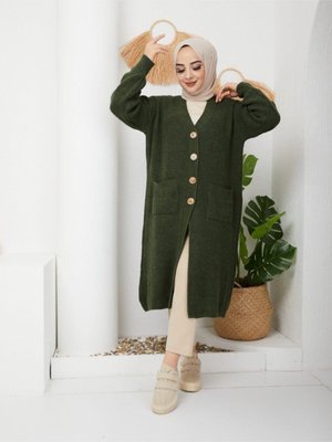 Düğmeli Cepli Triko Salaş Hırka