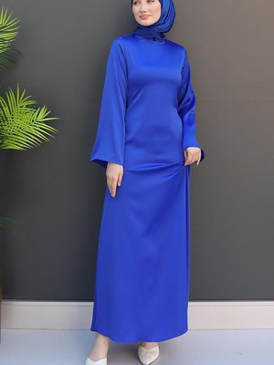 Arkadan İpli Saten Elbise Saks Arkadan İpli Saten Elbise Saks