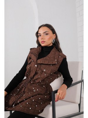 Kahverengi Taşlı Kapitone Yelek