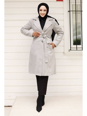 Gri Beli Kuşaklı Çift Düğmeli Kaban Gri Beli Kuşaklı Çift Düğmeli Kaban