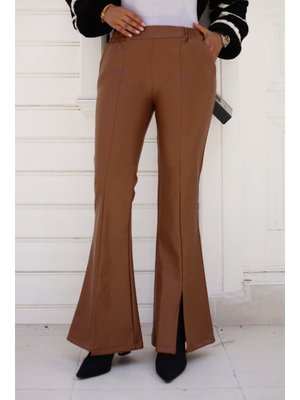 Kahverengi İspanyol Paça Önü Yırtmaçlı Deri Pantolon Kahverengi İspanyol Paça Önü Yırtmaçlı Deri Pantolon