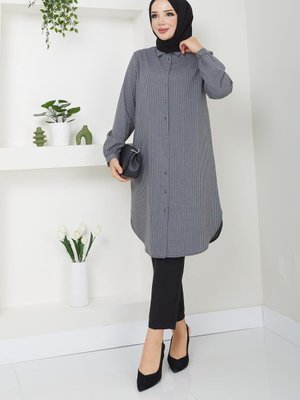 Düğmeli Mevsimlik Çizgili Tunik Giyçık Düğmeli Mevsimlik Çizgili Tunik Giyçık