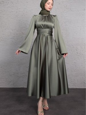 İspanyol Kol Beli Dolamalı Saten Abiye Elbise Haki