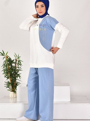 Ekru İki İplik Kumaş Taş Baskılı Ve Yazı Nakışlı İkili Takım Ekru İki İplik Kumaş Taş Baskılı Ve Yazı Nakışlı İkili Takım