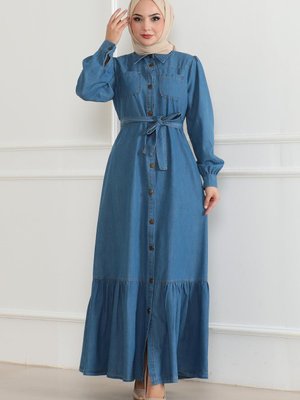 Açık Mavi Kot Fırfır Detaylı Elbise Açık Mavi Kot Fırfır Detaylı Elbise