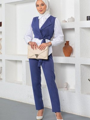 İndigo Kısa Ceketli Üçlü Takım