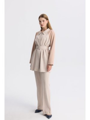 Pudra Merale Yakası Taşlı Süet Takım