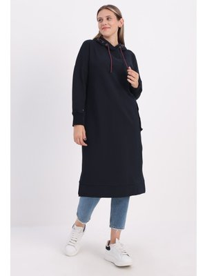 Lacivert Tek Cepli Nakışlı Kapüşonlu Sweat Tunik