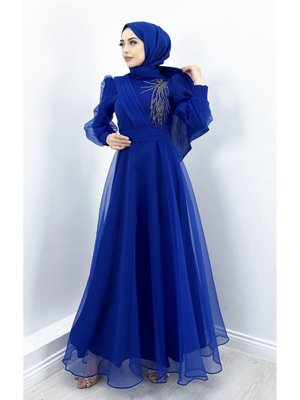 Omuz Taş Işlemeli Abiye Elbise Organze Tül Kuşak Detaylı Tasarım Moda Düğün Şıklığı – Saks