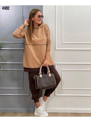 Trend Kapüşonlu Arma Detaylı İkili Tunik Takım