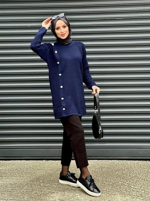 Lacivert Top Düğmeli Triko Tunik