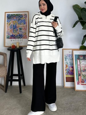 Yarım Fermuarlı Çizgili Triko Takım E