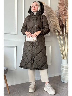 Haki Beli Büzgülü Kapitone Mont