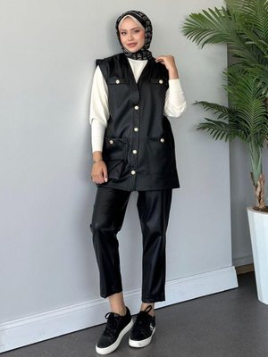 Düğmeli Deri Yelek Siyah Düğmeli Deri Yelek Siyah