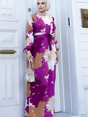 Fuşya Yaprak Desenli Elbise Fuşya Yaprak Desenli Elbise