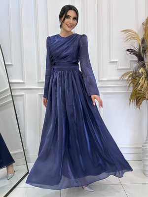 Lacivert Flowers Abiye Elbise