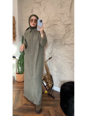 Haki Balık Sırtı Desen Gömlek Elbise