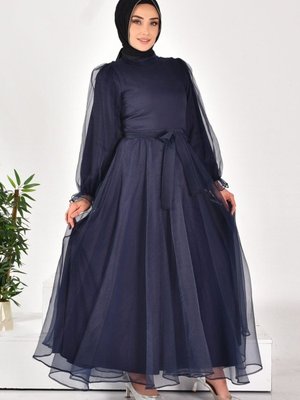 Lacivert Dalya Kumaş Kemerli Abiye Elbise Lacivert Dalya Kumaş Kemerli Abiye Elbise