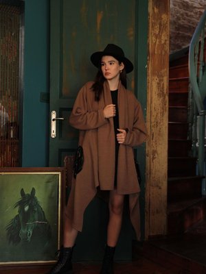 Hırka Petek Kumaş Oversize Cep Garni Detay Camel