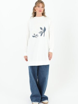 Ekru İki İplik Kumaş Kot Garnili Sweatshirt