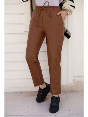 Kahverengi Yanı Dikiş Detaylı Deri Pantolon Kahverengi Yanı Dikiş Detaylı Deri Pantolon