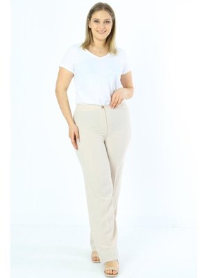Bej Arıkan Büyük Beden Krep Bol Paça Pantolon