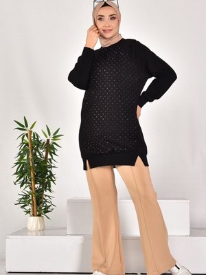 Siyah İki İplik Kumaş Önü Taş Baskılı Sweatshirt Siyah İki İplik Kumaş Önü Taş Baskılı Sweatshirt