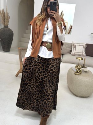 Kahve Siyah Buruşuk Mat Saten Leopar Uzun Etek