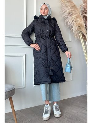 Lacivert Beli Büzgülü Kapitone Mont