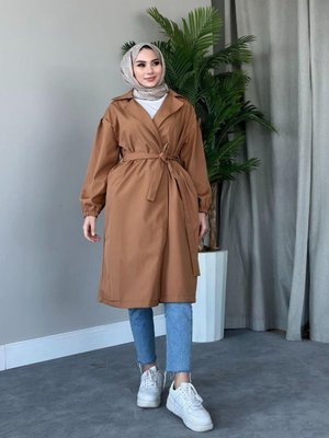 Balon Kol Belden Bağlamalı Trençkot Sütlükahve Balon Kol Belden Bağlamalı Trençkot Sütlükahve