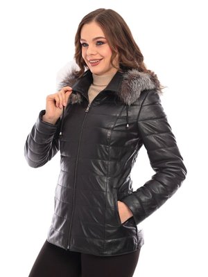 Siyah Hakiki Deri Şişme Kürk Yaka Kaban Mont