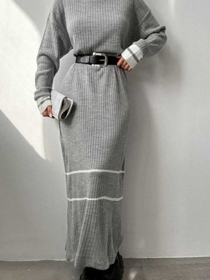 Gri Şerit Detaylı Triko Elbise