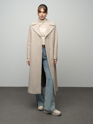 Oversize Çıt Kapamalı Balık Sırtı Desen Ara Boy Kaban Bej