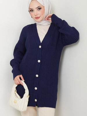 Fitilli Düğmeli Triko Hırka Lacivert