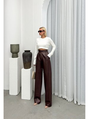 Pileli Yüksek Bel Palazzo Deri Görünümlü Pantolon Kahve